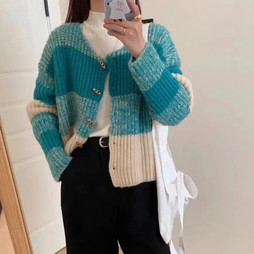 

Korean Style Knitted Cardigan Artistic Gradient Striped Women Autumn Winter New Color Matching Loose Sweater Jacket Top