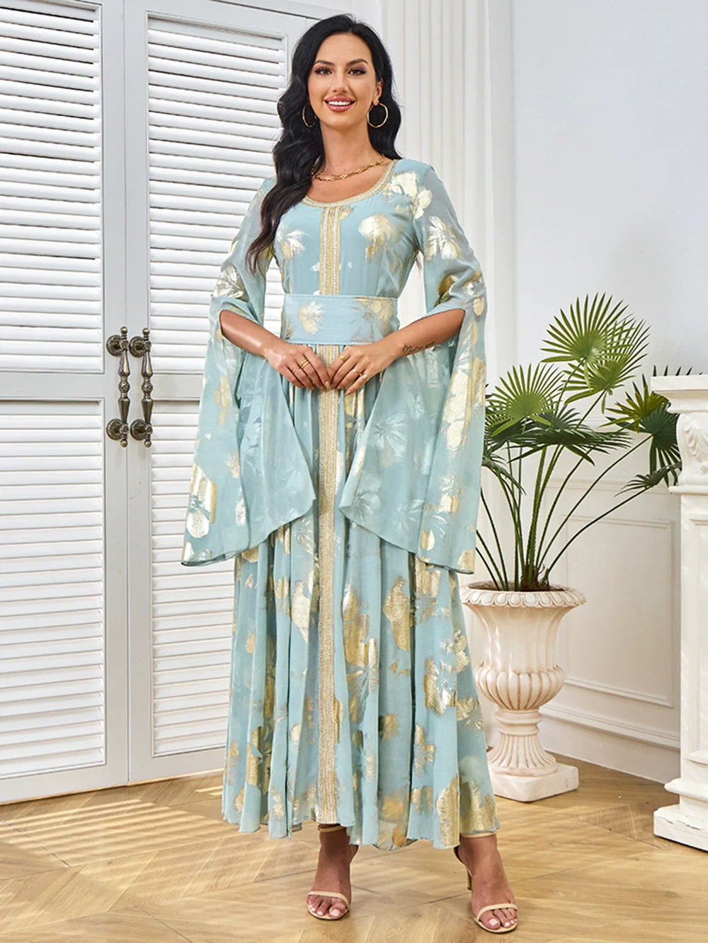 فستان عباية عصرية بأكمام مقسمة وختم ساخن في الشرق الأوسط إسلامي فاخر على الموضة رداء طويل تنورة نسائية طويلة