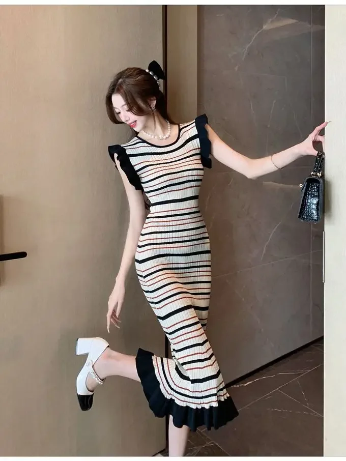 22024Flying Sleeves Striped Dress Women French Summer Elegance Temperament Shrinking Waist Thin Fishtail Dress Long Vestido