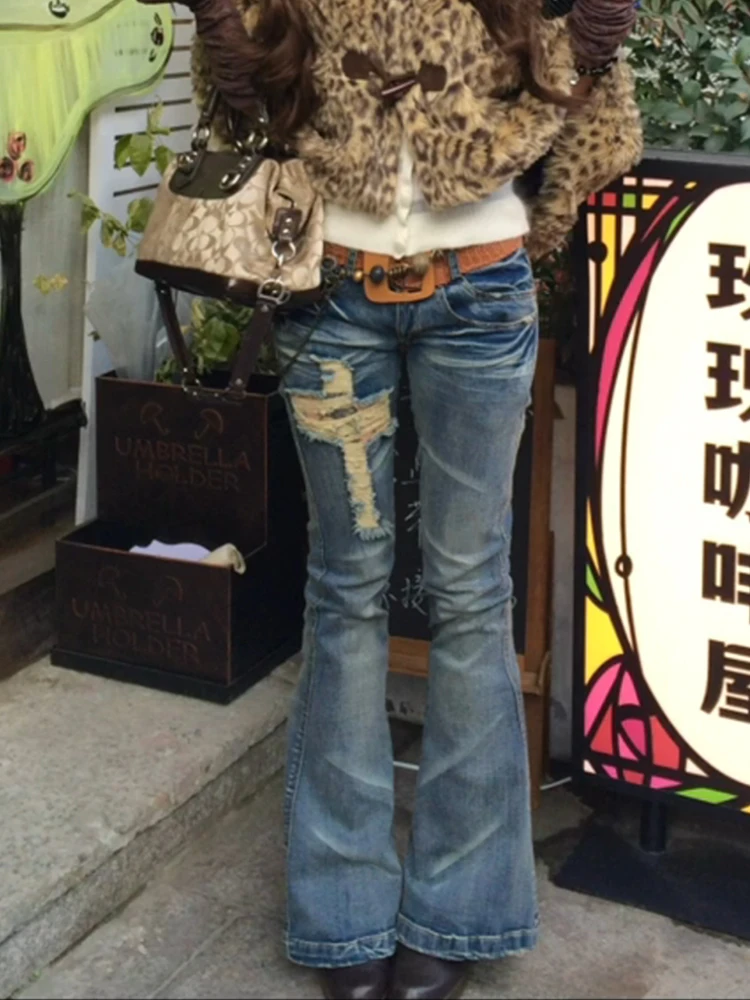 American High Street Spicy Girl Design Double Layer Pocket Crosshole Denim Pants Women's Autumn Slim Micro Flare Jeans