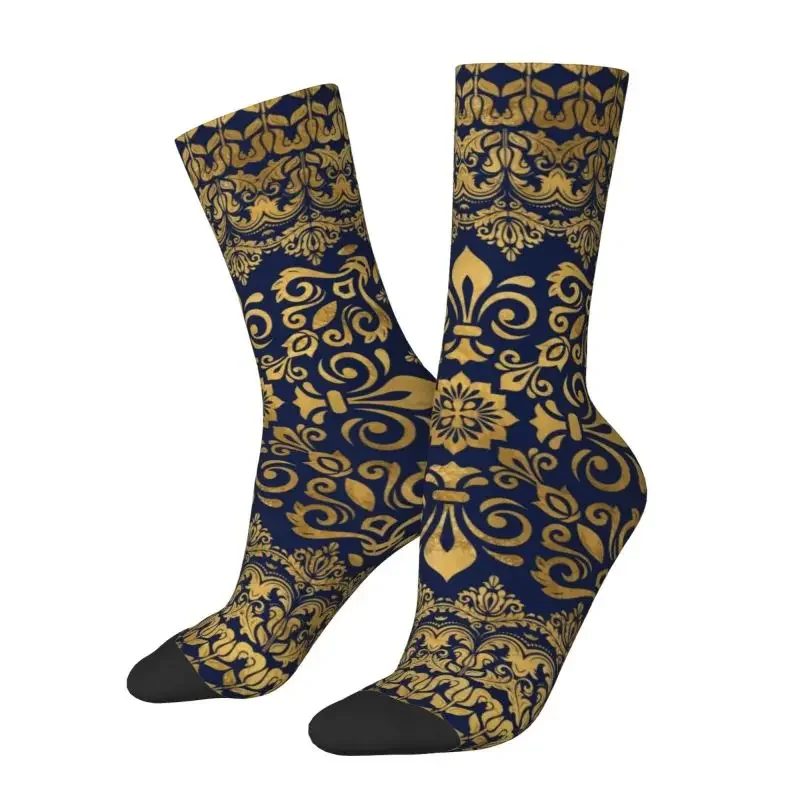 Oriental Damask Fleur De Lis Male Dress Sock Men's Women's Breathable Fashion Fleur-De-Lys Lily Flower Crew Socks