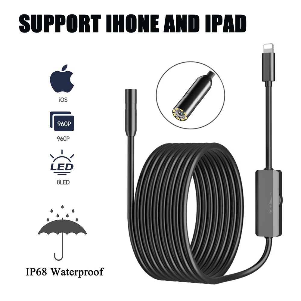 

Industrial Endoscope HD960P Direct Connect With IPhone Ipad Wired Camera Pipe Inspection Borescope 8MM Lens 8LED IP68 Waterproof