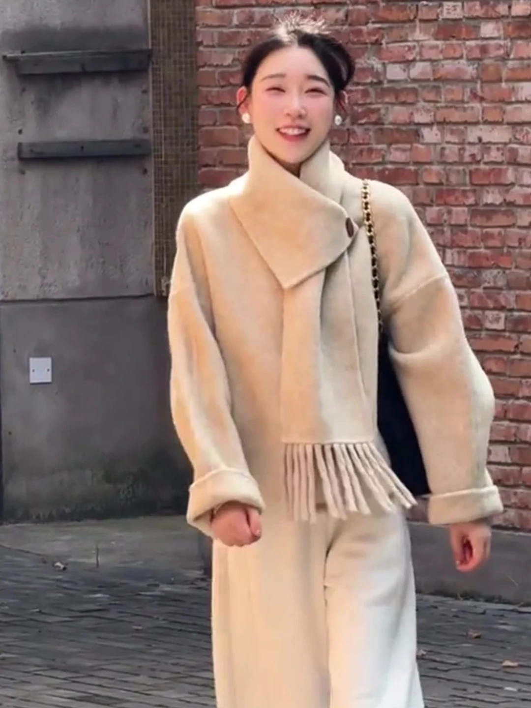 

Oajer Flagip Store Women's Early Autumn Design Coat with Scarf Korean Sle Woolen Outerwear Ele Faionable