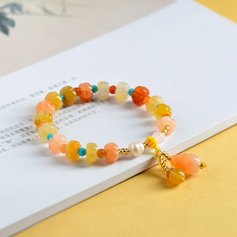 

Оригинальный натуральный золотой шелковый нефритовый браслет, красочная тыквенная бусина с подвеской в виде капли воды, нефритовая цепочка на руку, модные украшения
