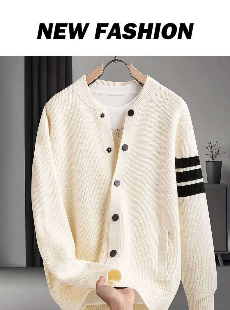 Erschwinglicher Luxus Herren Langarm-Pullover Jacke Rundhals Echte Tasche Einreihiger Strickpullover Klassischer Trend Herrenkleidung – Detail 3