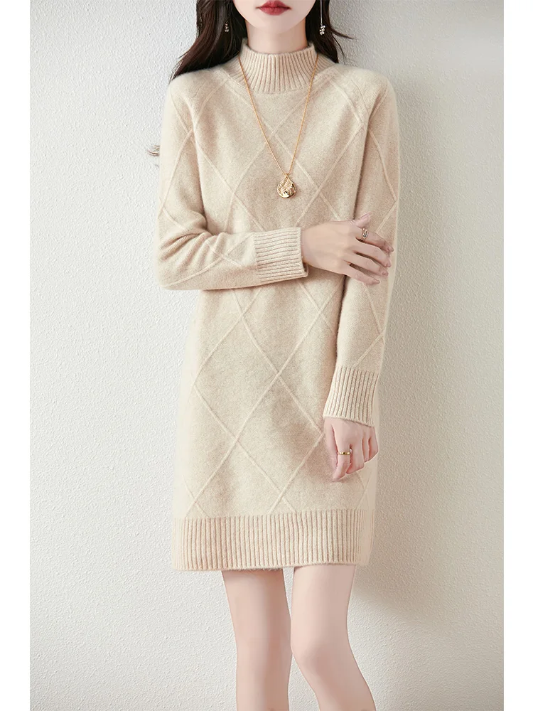 Women\'s Pure Wool Knitted Dress, High Collar, Thickened, Geometric, Casual, Fashionable, Warm, Autumn/Winter 2024