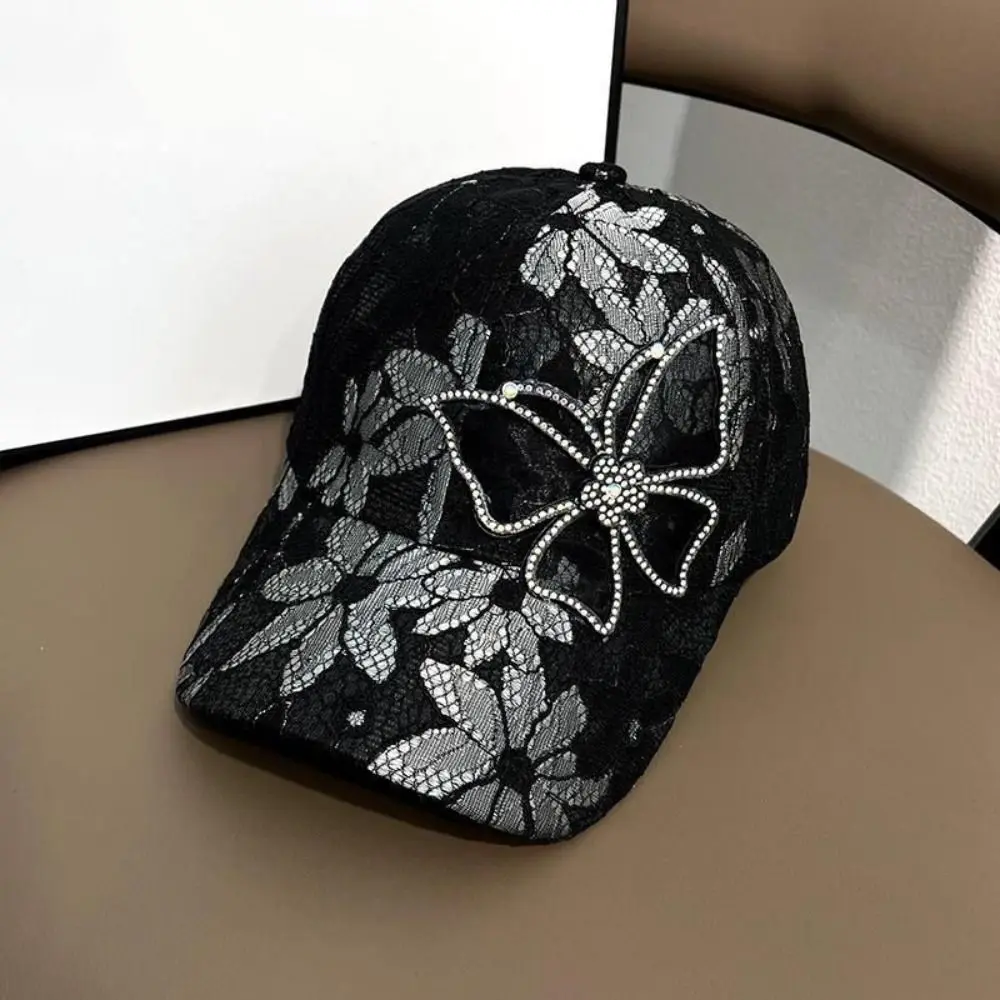 Rhinestone Lace Embroidery Hat Netting Ventilate Ball Caps with Rhinestones Sun Protection Bow Cap Flower Rhinestones Girl