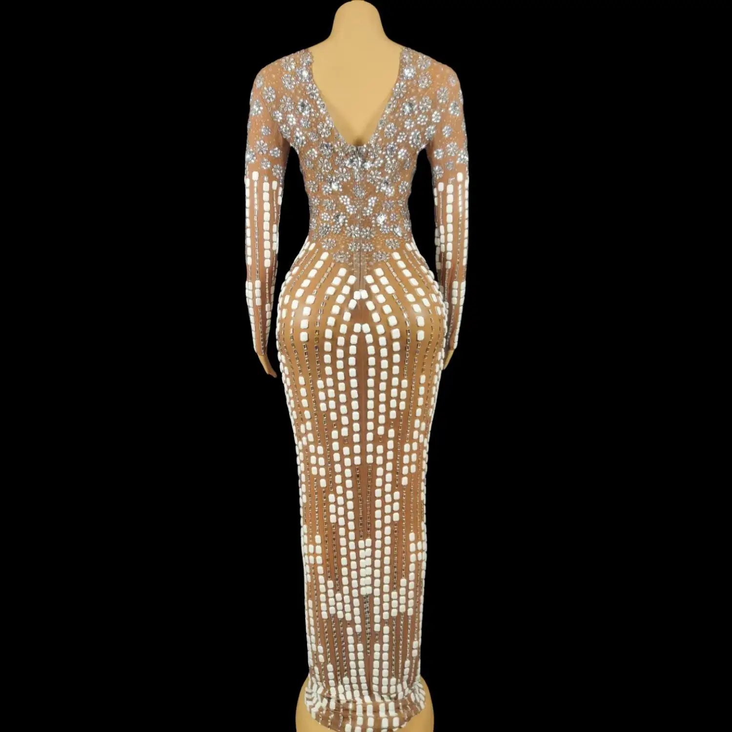 Vestido largo de lentejuelas brillantes con diamantes de imitación blancos para mujer, vestido transparente para boda, fiesta de cumpleaños, celebración, espectáculo de cantante, vestido de noche