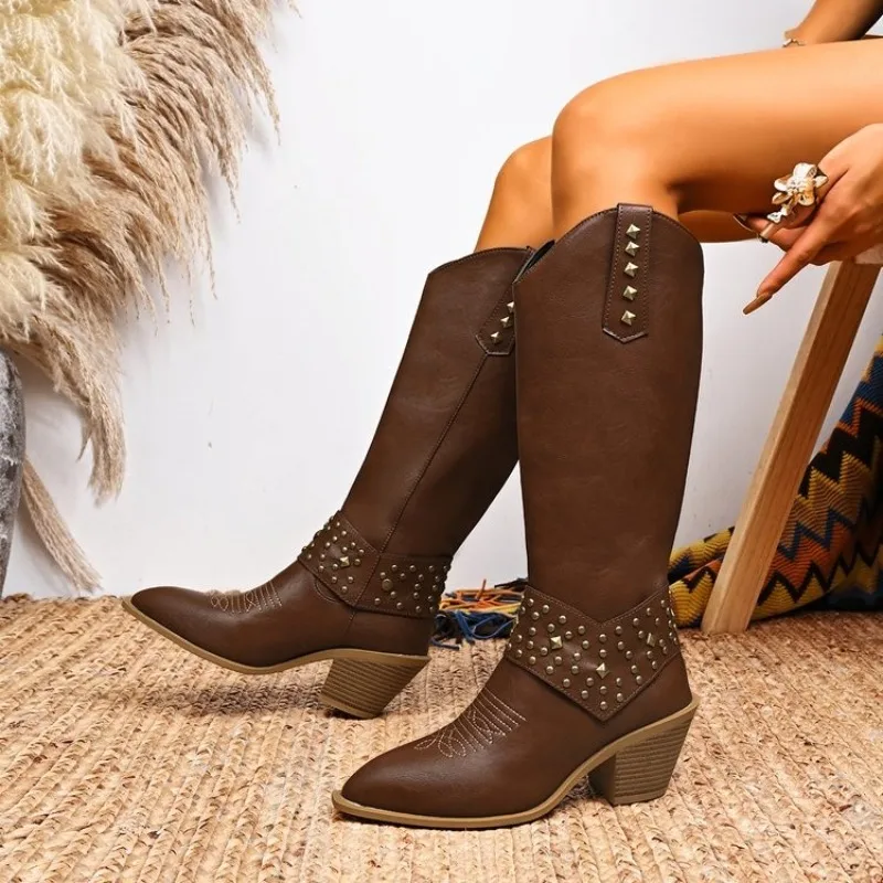 Autumn and Winter New Boots Women Pointed Toe Sleeve Skinny Fashion Rivet Block Heel Shoes