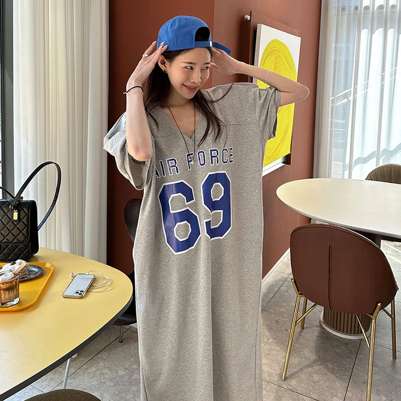 Laid-ba Sle lettre imprimée ort Sve Dr femmes été nouveau t-shirt ample décontracté jupe longue Version coréenne ample...