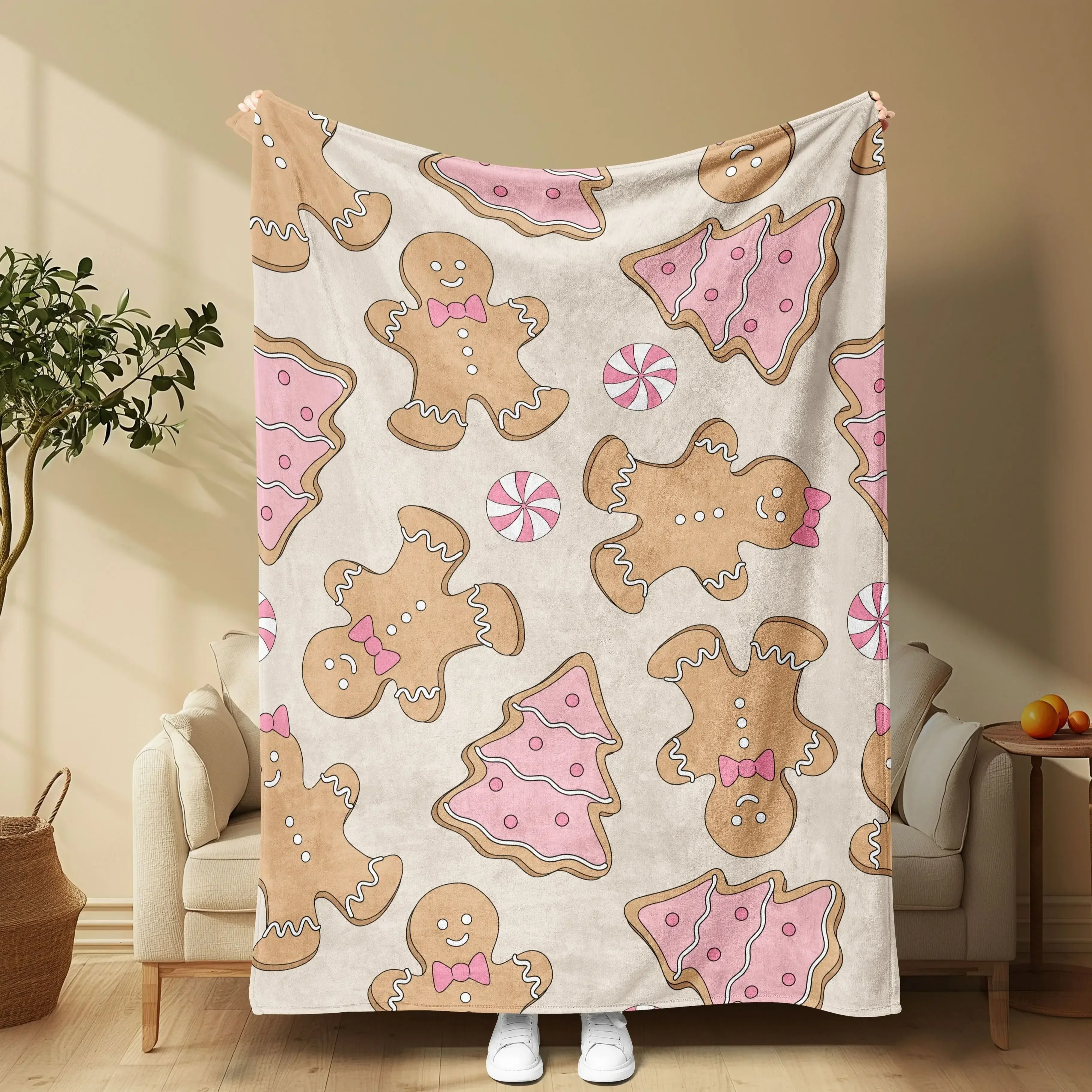 1pc Flannel Blanket Christmas Theme Pink Gingerbread Biscuit Pattern Can Be Used For Sofa Lunch Break Travel Holiday Gift