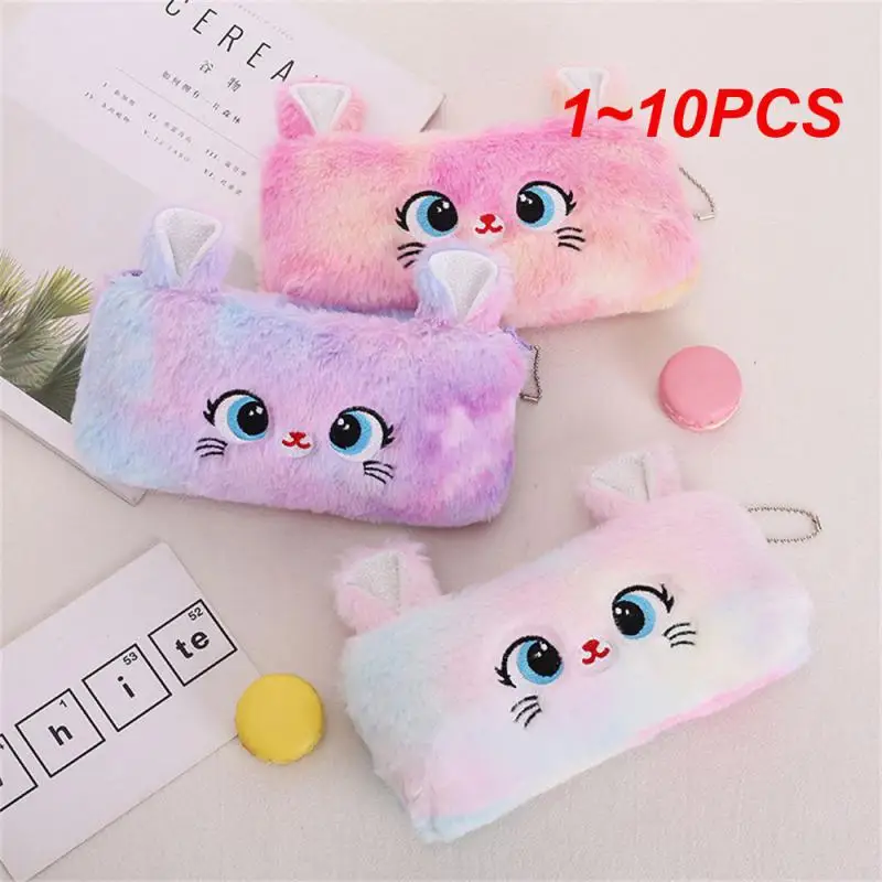 1~10PCS Kawaii Cartoon Cute Cat Plush Pouch Pencil Case Zipper Fluffy Large Capacity Pen Bag School Stationery Cosmetics Storage