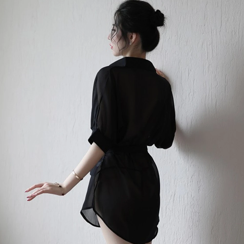 New Pure Lust Casual Fashion Boyfriend Style Women\'s Shirt Dress Chiffon Solid Color Sexy Sleepwear Pajama Set