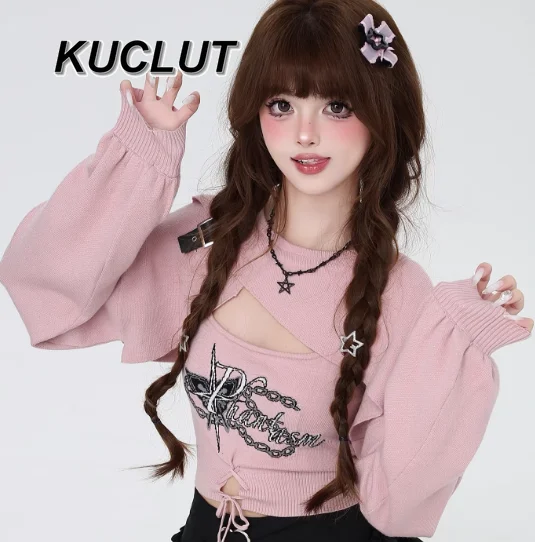 

Оригинальный милый крутой вязаный топ с длинными рукавами для девочек и комплект из двух предметов на слинге, осенне-зимний пуловер, свитер для женщин, новинка