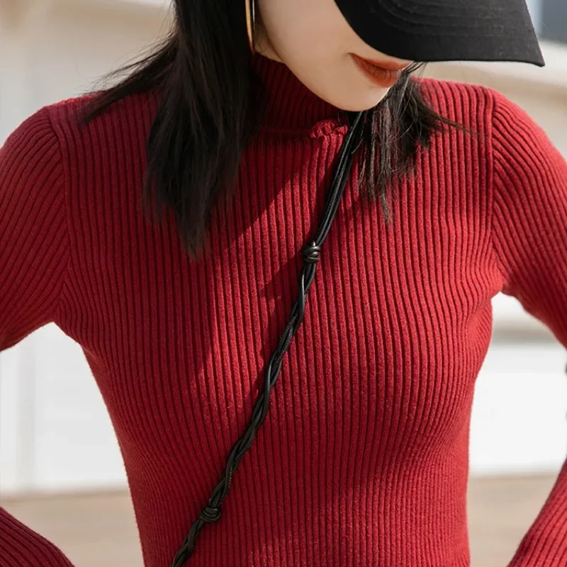 Slanke Mock Hals Gebreide Trui Vrouwen Truien Nieuwe Lange Mouw Gebreide Trui Trui Vrouwen Tops Sueter Feminino Knitwears Q1725