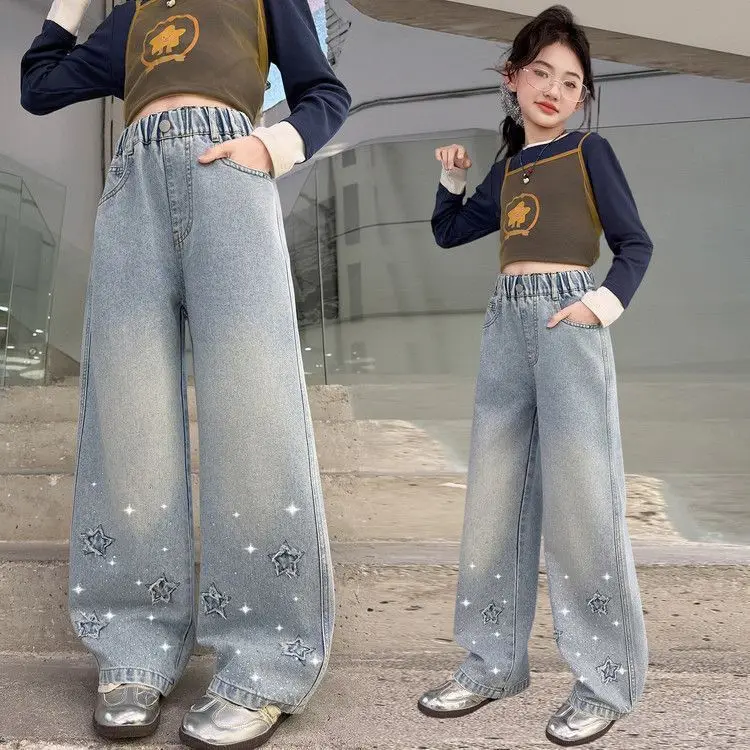 Girls New Rhinestone Jeans with Star Kids Extended Length Denim Pants Children's Streetwear Shining Diamond Trousers