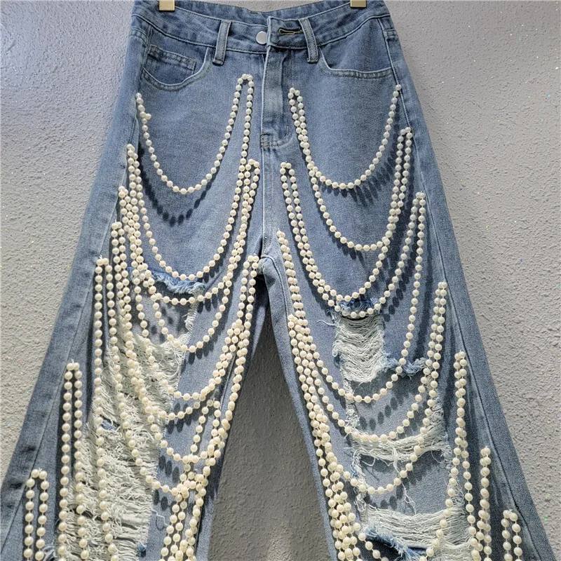 [zoci] 2024 New Design Wind Blown Holes, Heavy Industry Nail Bead Straight Leg Jeans, Long Pants Women