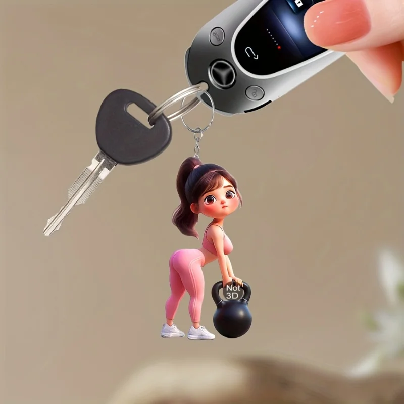 2D Flacher 2-teiliger Cartoon-Fitness-Mädchen-Acryl-Schlüsselanhänger – weibliche Figur mit Hantel, ideal für Heimdekoration, Rucksack-Accessoire