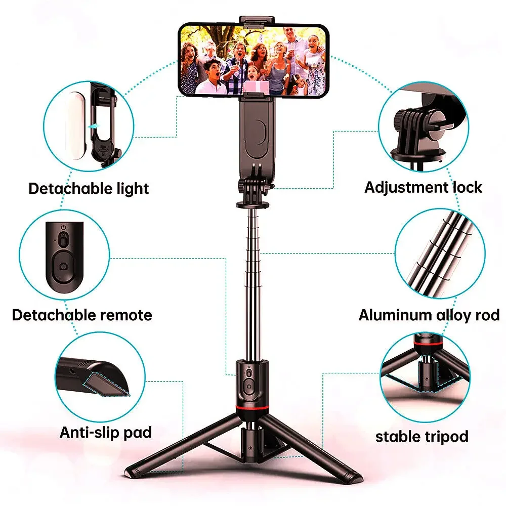 DIXSG Selfie Stick Tripod L15 with Wireless Remote Led Fill Light 360 Rotation 6 in 1 Portable Selfie Stick for Smartphone