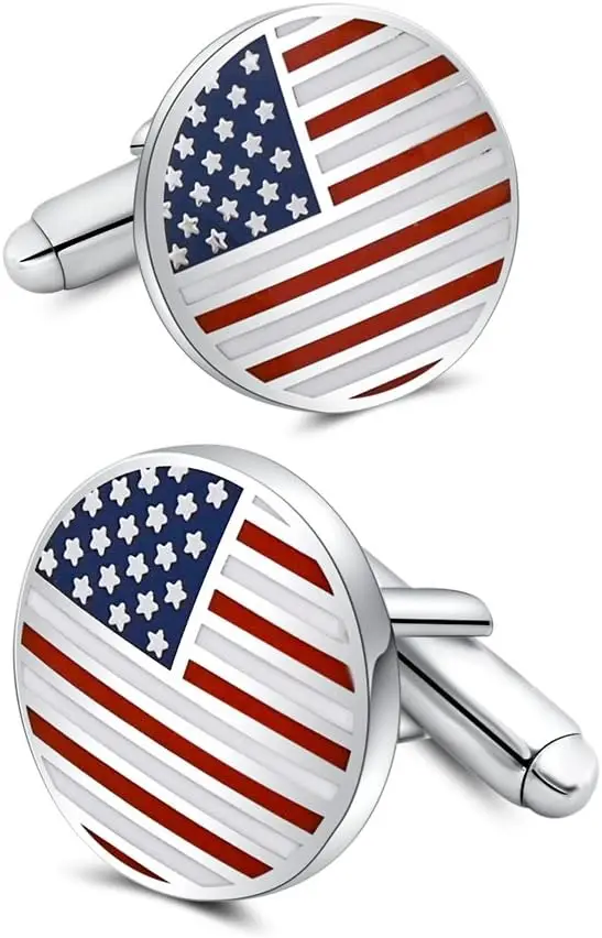 

16mm Enamel American Flag Cufflinks, Rhodium-Plated Brass, Velvet Pouch