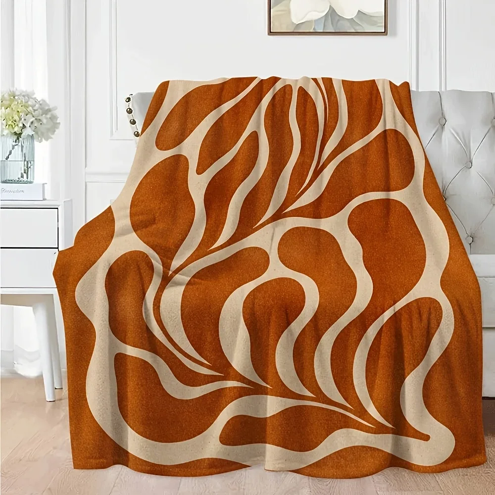 Boho Retro Curved Leaf Throw Blanket,Warm Orange Beige Abstract Art Fleece Blanket for Couch Trip Household Minimalist Aesthetic