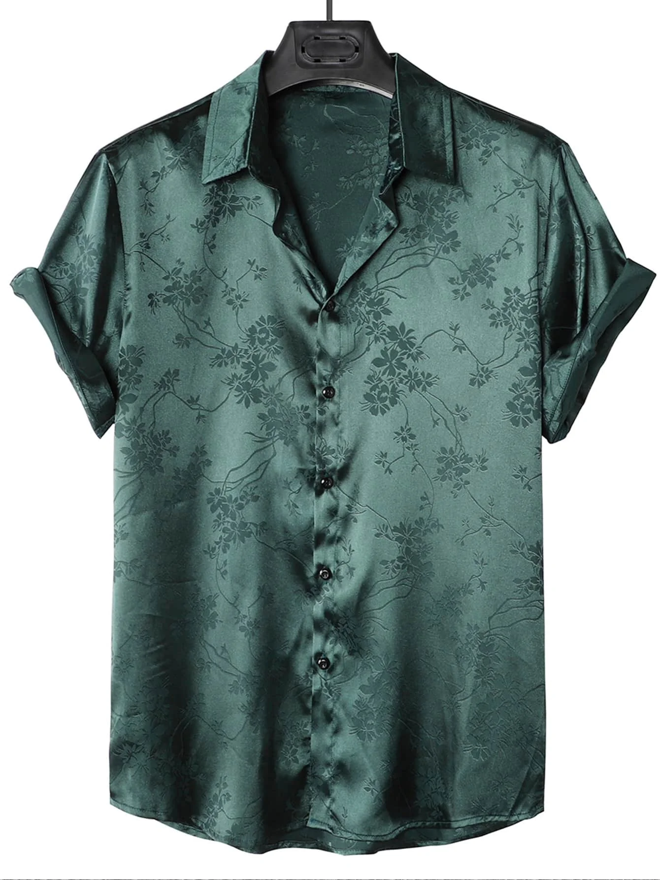 

Men's Green Floral Jacquard Satin Short Sleeve Casual Shirt