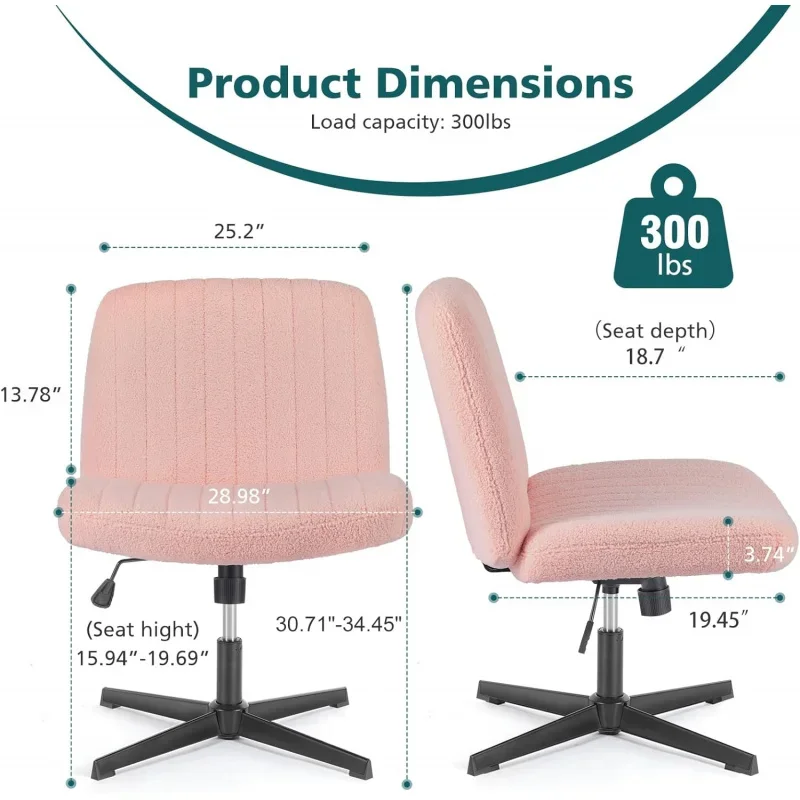 Cross Legged Armless Wide Adjustable Swivel Padded Home Office Desk Chair, Pink