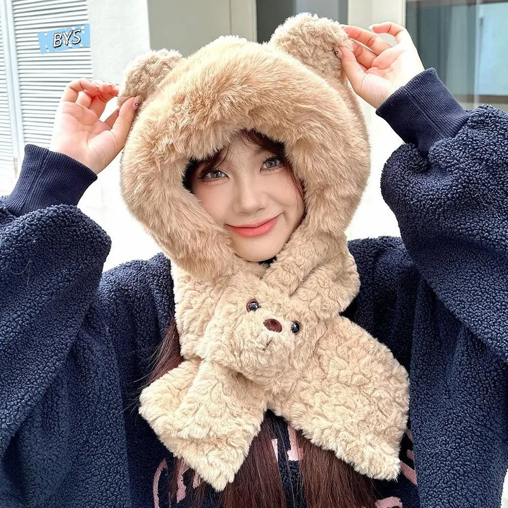 

Cute Cartoon Bear Ear Hat Solid Color Earmuff 2 in 1 Plush Scarf Windproof Thickened Winter Neckerchief Outdoor