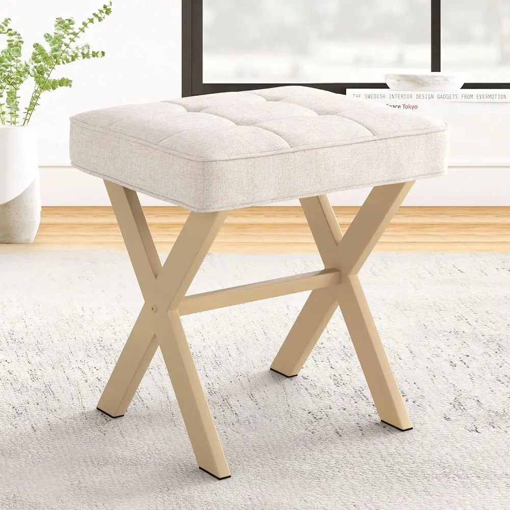 

Square Linen Makeup Stool, Metal X Legs, Small Ottoman Stool Chair or Vanity, ern Padded Seat oot Rest or Makeup Room, Bathroom