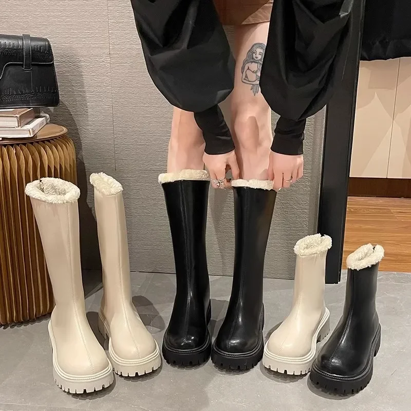 

Winter Plush Women Knee High Boots Fashion Back Zippers Ladies Elegant Warm Cotton Long Booties Women's Footwear