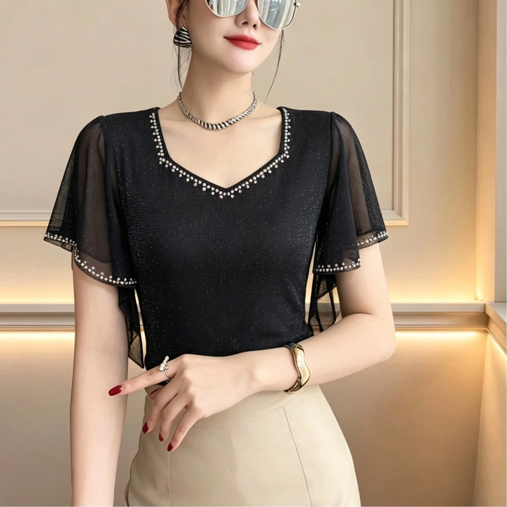 MadBlack-Women European T-Shirt, Sexy V Neck Ruffles Diamond, Clubwear Short Sleeve Slim M-3XL Thin Tee, 2026 Summer T66401CC