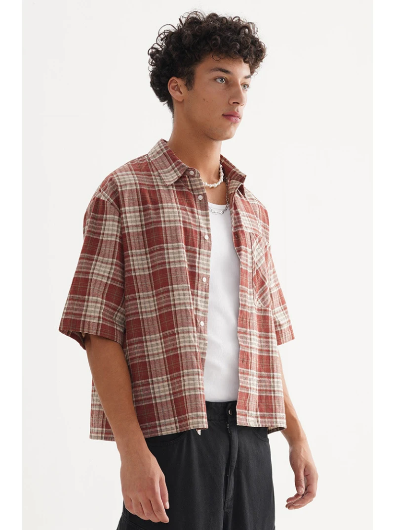 Men's Fashion Boxy Fit Checkered Short Sleeve Shirt 100% Cotton Oversized Casual Slim Fit Vintage Plaid Shirt Summer Couple Tops