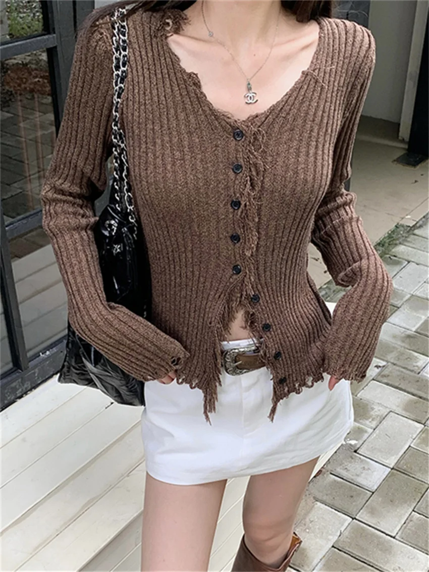 PLAMTEE High Street V-Neck Coats Slim Women Stylish 2024 Sexy Daily OL Full Sleeve New Spring Office Lady Knitted Sweaters