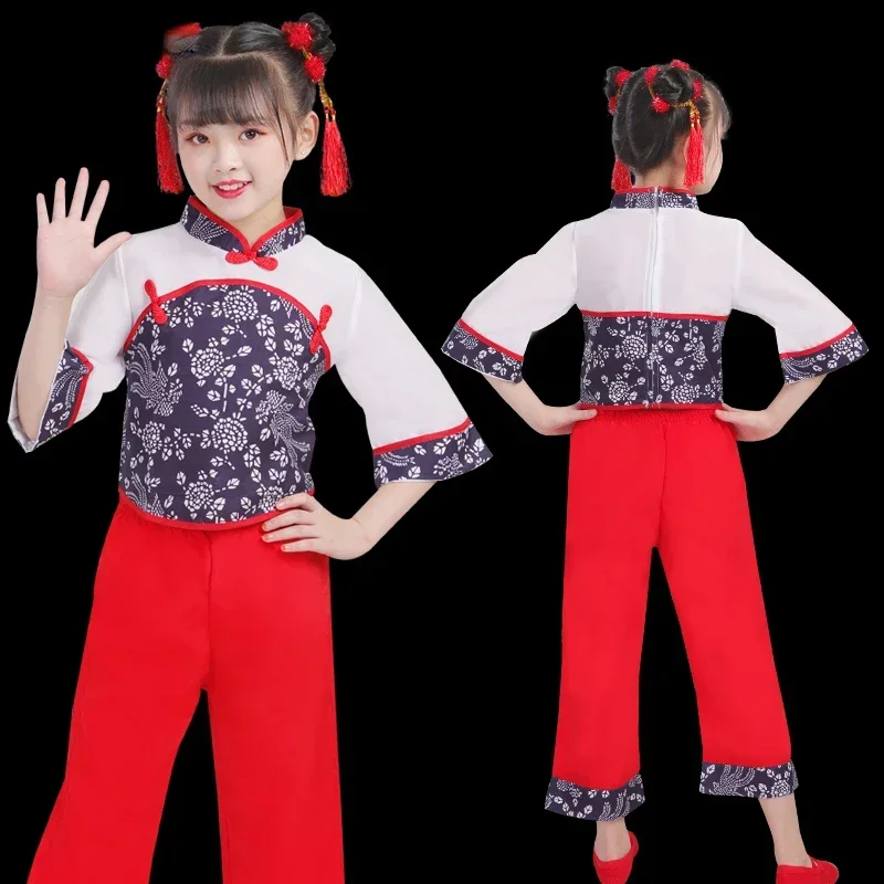 

Hanfu Yangko Dance Costume Girls Kids Classic Traditional Folk Umbrella Fan Performance Costume Ancient Ballroom Fan Dancewear