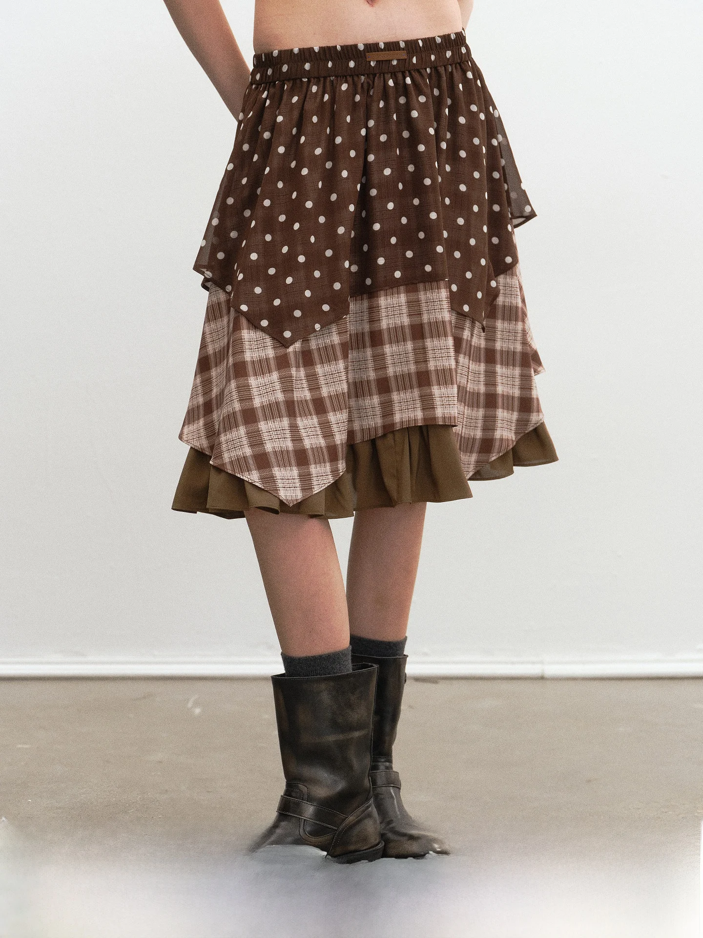 

TearOcean Fashionable Plaid Polka Dot Print Chiffon Midi Skirt Women's Unique Style Summer Season Loose Fit mid Waist Design