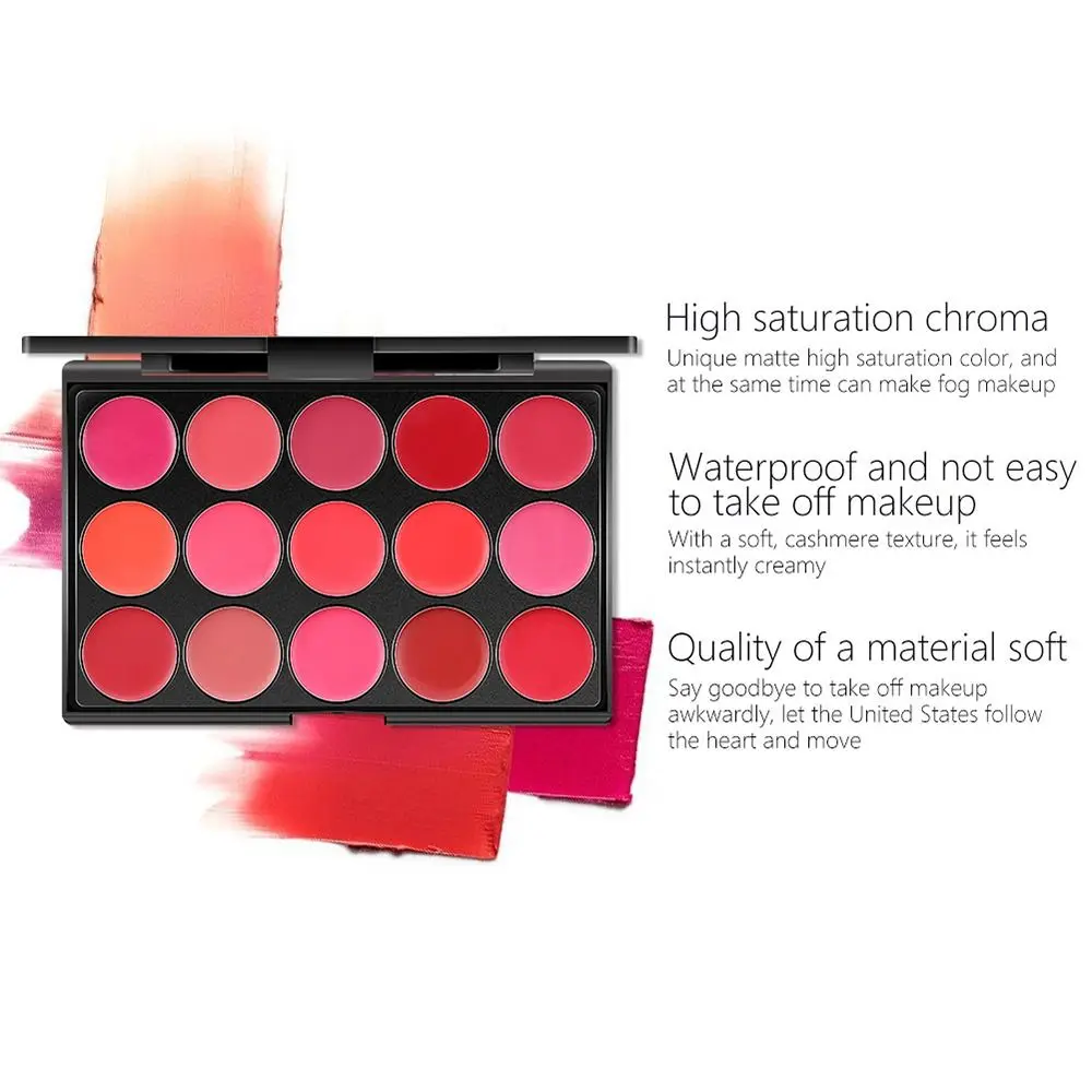 Non-Sticky Cup Matte Lipstick Palette with Mirror Long Lasting Moisturizing 15 Color Lip Gloss Palette Nude Waterproof Lip Glaze