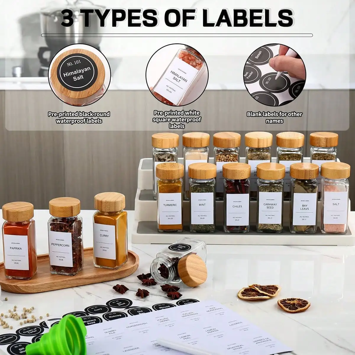 36 Pack Glass Spice Jars Modern Farmhouse Clear Square Glass Spice Bottles 4 OZ Seasoning Containers With Bamboo Lids Labels And Funnel Airtight For Kitchen Cabinet Pantry Rack Organizer Storage Housewarming Gift