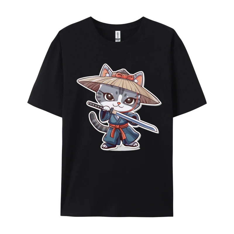 Kawaii Cat Warrior T Shirt Loose Male Tshirts Crew Neck Cotton Fabric Design T-shirts Drop Shipping Black Graphic T Shirts