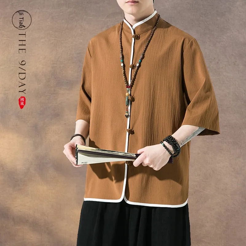 

Men's Summer ort Sve irt Ice Silk Linen mid Sve Large Size Button up Hanfu Stand Collar Tang Costume Polyester Fiber