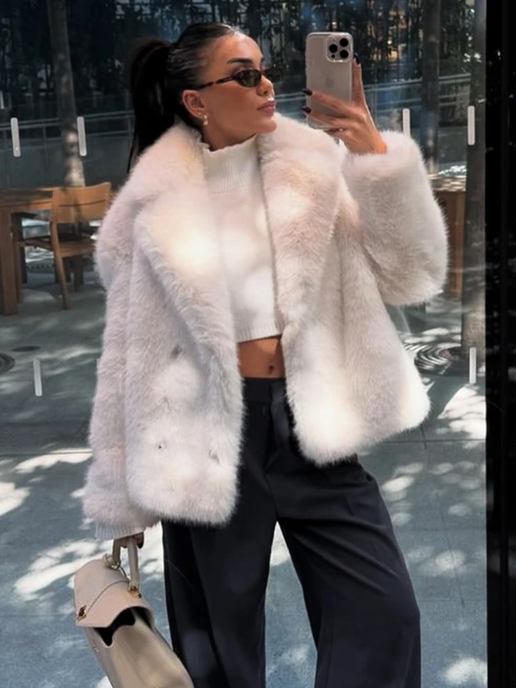 TRAFZA Female Winter Elegant Solid Faux Fur Effect Long Sleeve Cardigan Coat Women's High Street 5-Color Pockets Casual Jacket