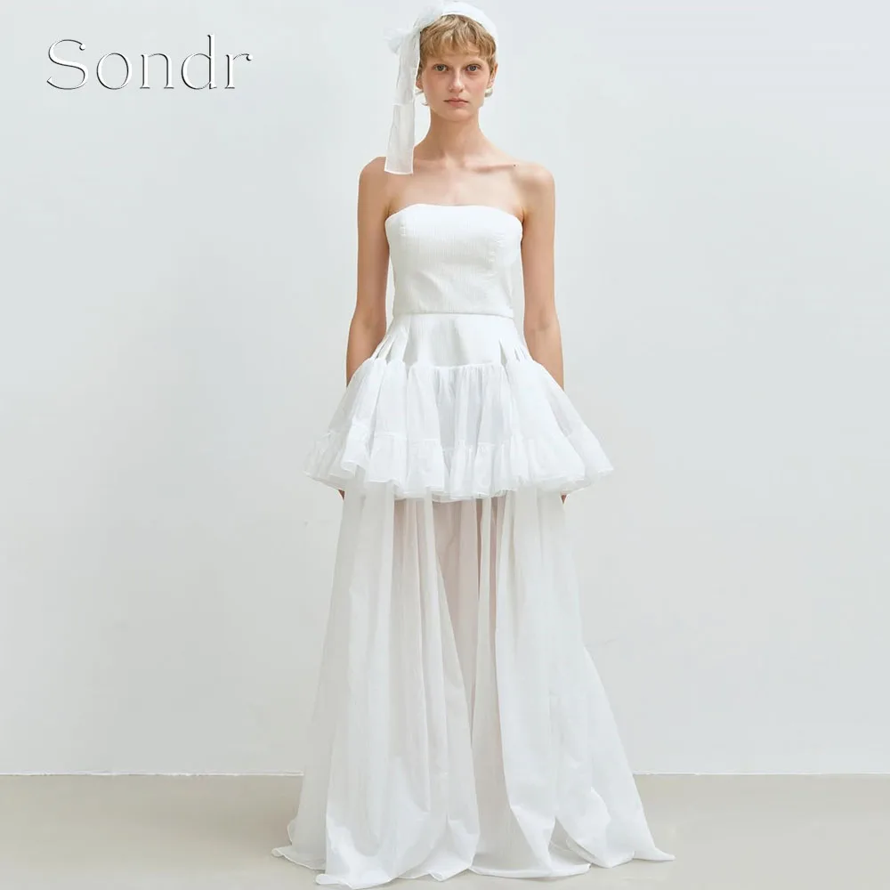 Sondr Customized Strapless Ruffled A Line Korean Wedding Snap Dresses Sleeveless Long Evening Gown Photo Shoot Dresses for Bri