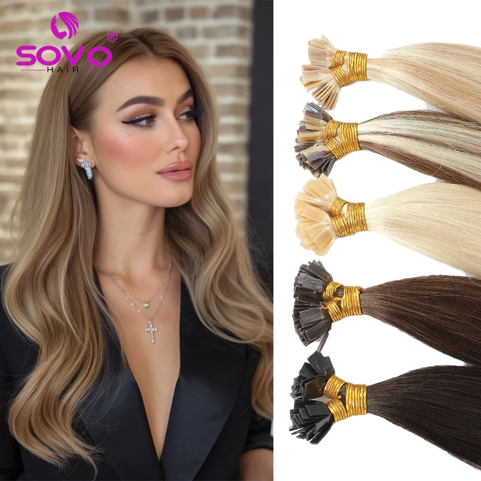 Pre-Bonded Flat Tip Hair Extensions 50 Strands Hot Fusion Keratin Straight Human Hair 100% for Women 22 Inch