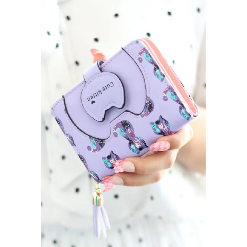 Korean Cute Cat Short Wallet for Girls, Two-fold Zipper Multi-functional Folding Purse