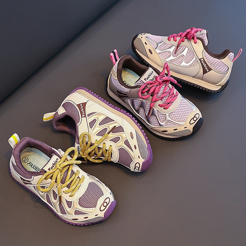 Kids'Casual Shoes Color Blocking PU Leather Autumn Shoes For Children Anti-slip Designer Breathable Purple Silver Size 27-37
