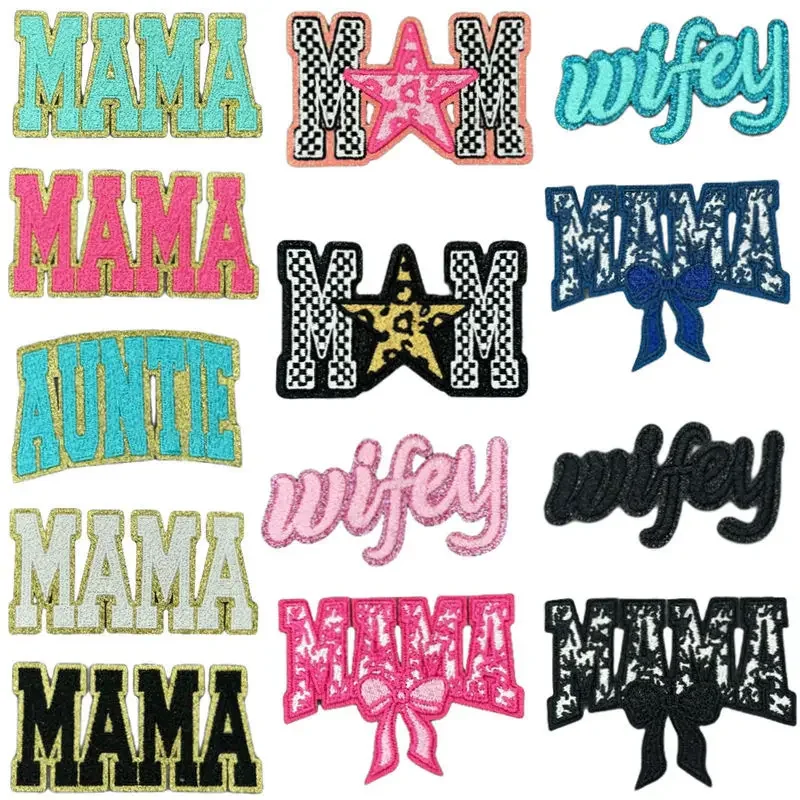 English Letters MAMA Wifey Star Glitter Iron-on Sew Embroidery Badge Patches DIY T-shirt Hat Backpack Clothing Appliques Sticker