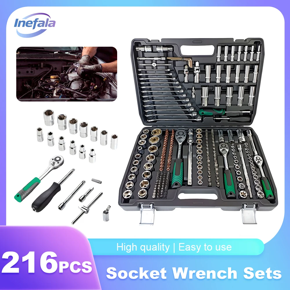 Inefala 216 pièces ensemble d'outils mécaniques 1/4 "3/8" 1/2 "jeux de clés à douille avec Kit de clé à cliquet à 24 dents pour moto automobile