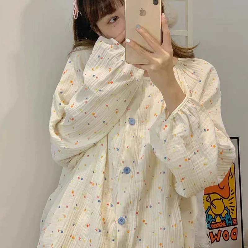 Polka Dot Sleepwear Women Pajama Sets Button Piiama Korean Pants Sets for Women 2 Pieces Ruffles Night Wears Autumn Home Suit