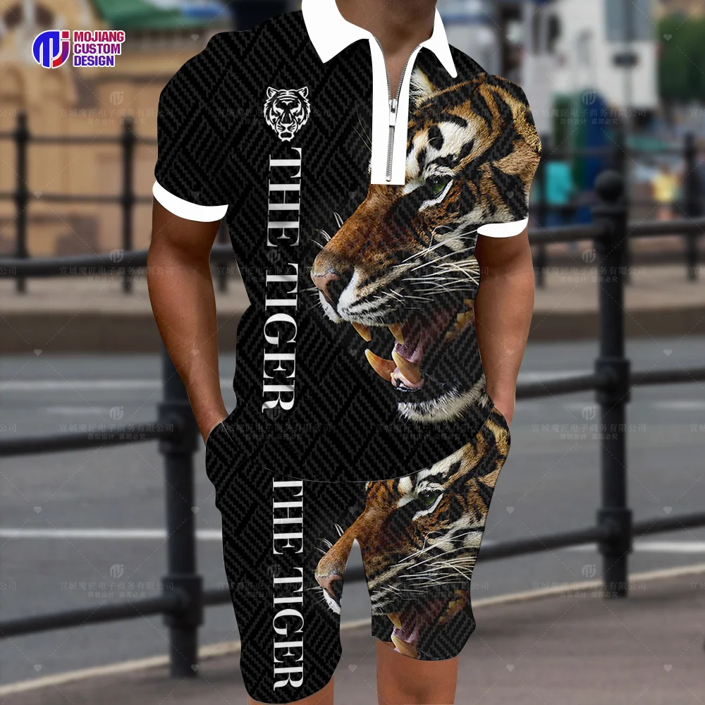 Cool The Tiger 3d Printed Polo Shirt/Shorts/Suit Summer Casual Lapel Short-Sleeved Animal Sportswear Two-Piece Sportswear