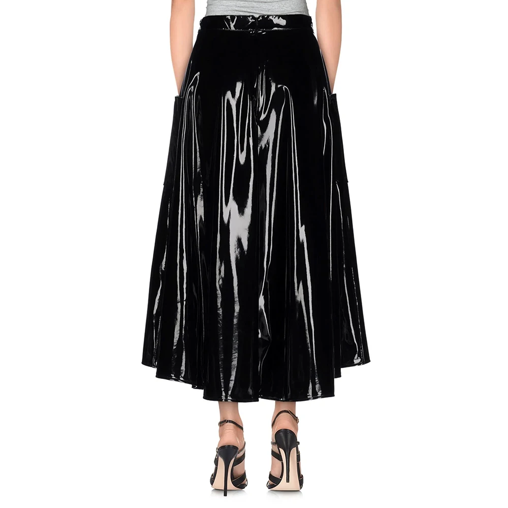 Women's Vinyl PVC Leather Long Flared Skirt, Elegant Office Midi Skirts, Lady High Low Swing Skirts, Casual Streetwear, 7XL