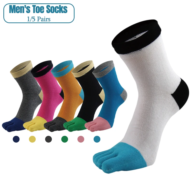 1/5 Pairs Women Color Block Five Toe Socks Soft Cotton Breathable Mid Calf Split Toe Socks Contrast Color Toes Middle Tube Socks